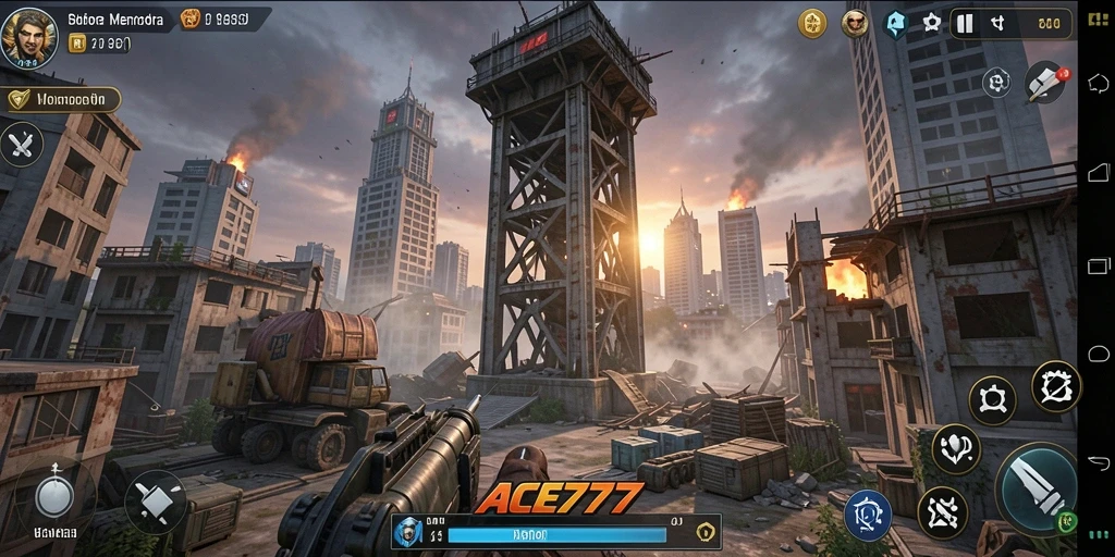 Screenshot permainan ACE777 menampilkan aksi pertahanan menara yang spektakuler.