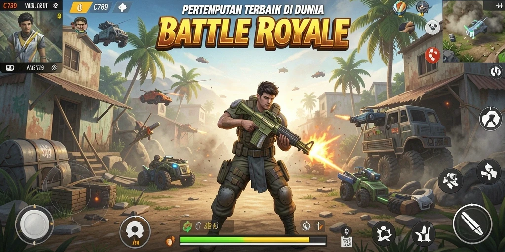 Screenshot utama C789 menampilkan aksi pertempuran Battle Royale yang mendebarkan.